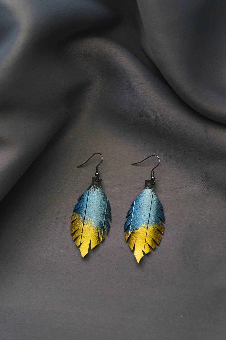 recycled metallic coloured blue gold leaf earrings by Laura Zabo