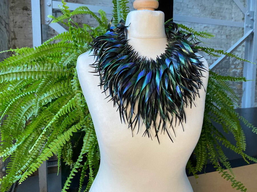 large peacock coloured, purple green upcycled bike inner tube statement necklace by Laura Zabo
