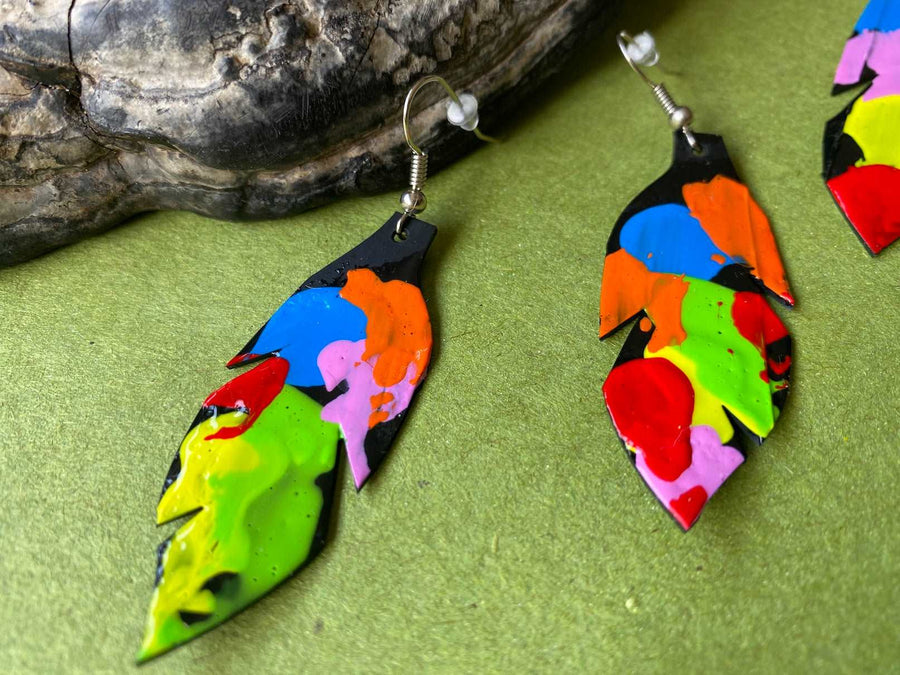 abstract bright leaf shaped upcycled bicycle inner tube earrings, eco-friendly jewellery by Laura Zabo