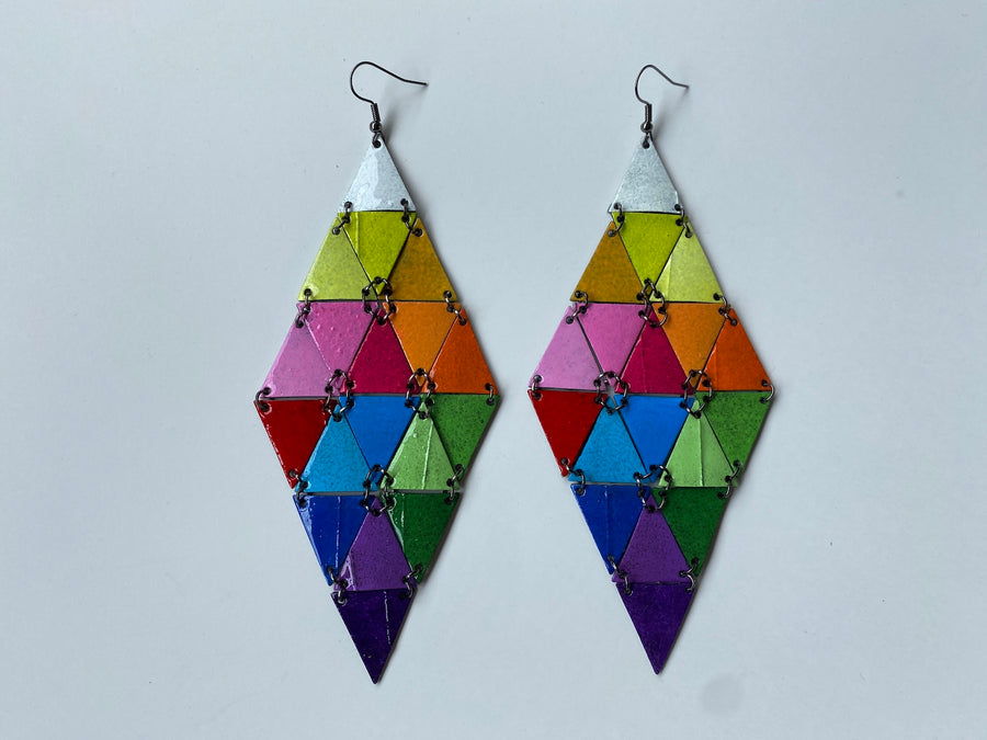 bold large rainbow themed diamond shaped earrings from recycled bike inner tube