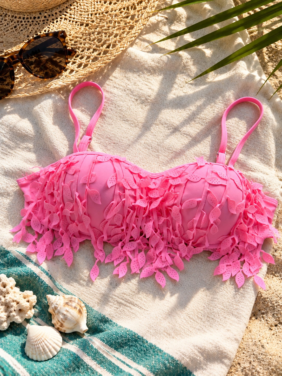 Sexkiss Neon Pink Leaf Fringe Bikini Top