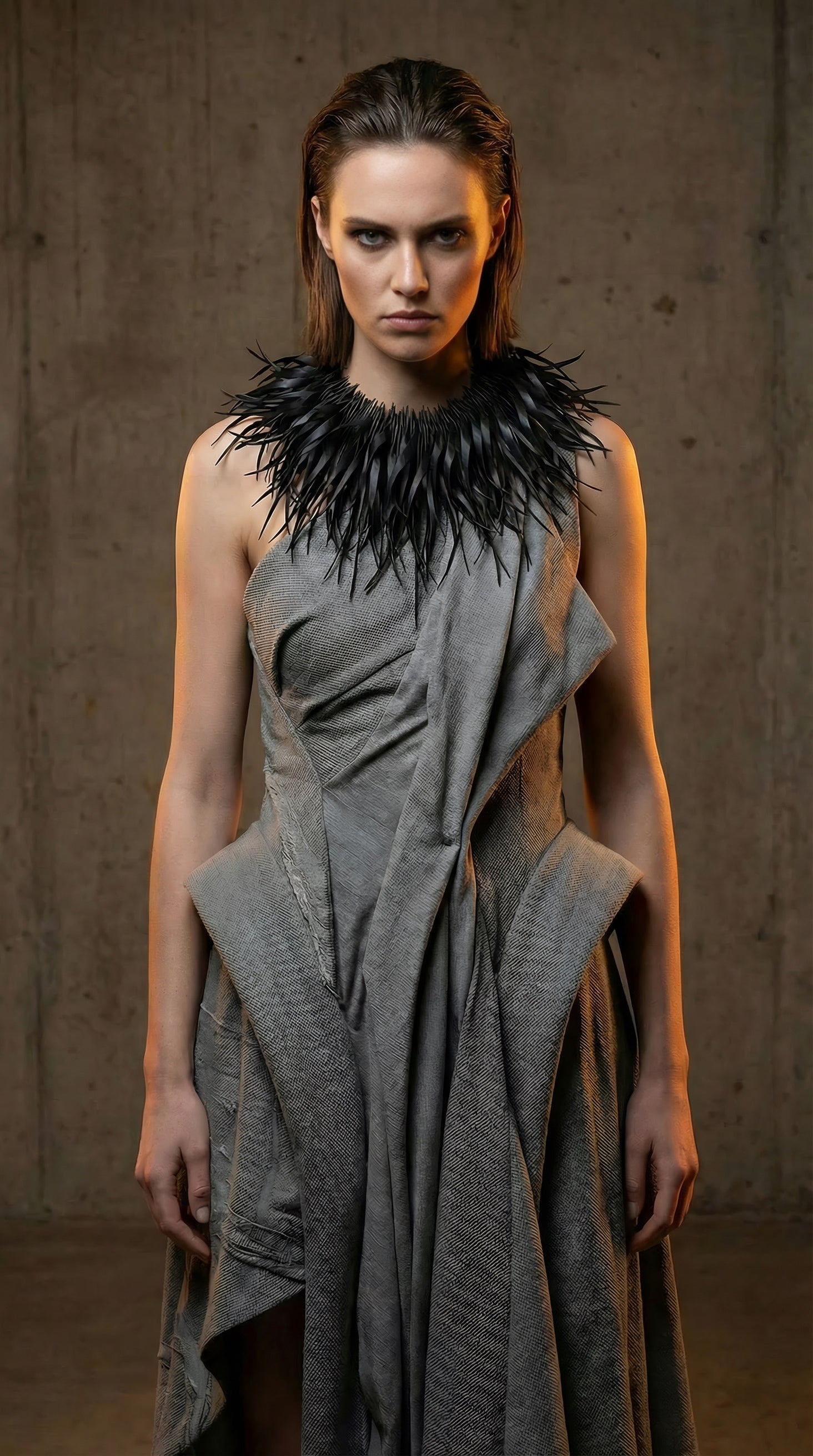 Woman wearing a gray dress with an avantgarde, Laura Zabo, black upcycled bicycle inner tube statement collar against a brown background