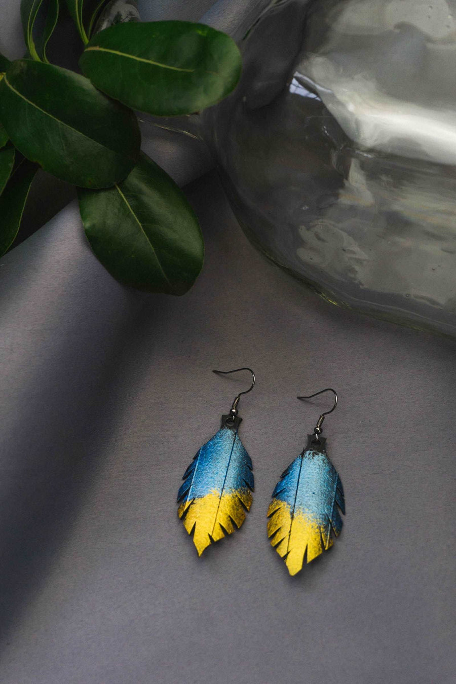 recycled metallic coloured blue gold leaf earrings by Laura Zabo