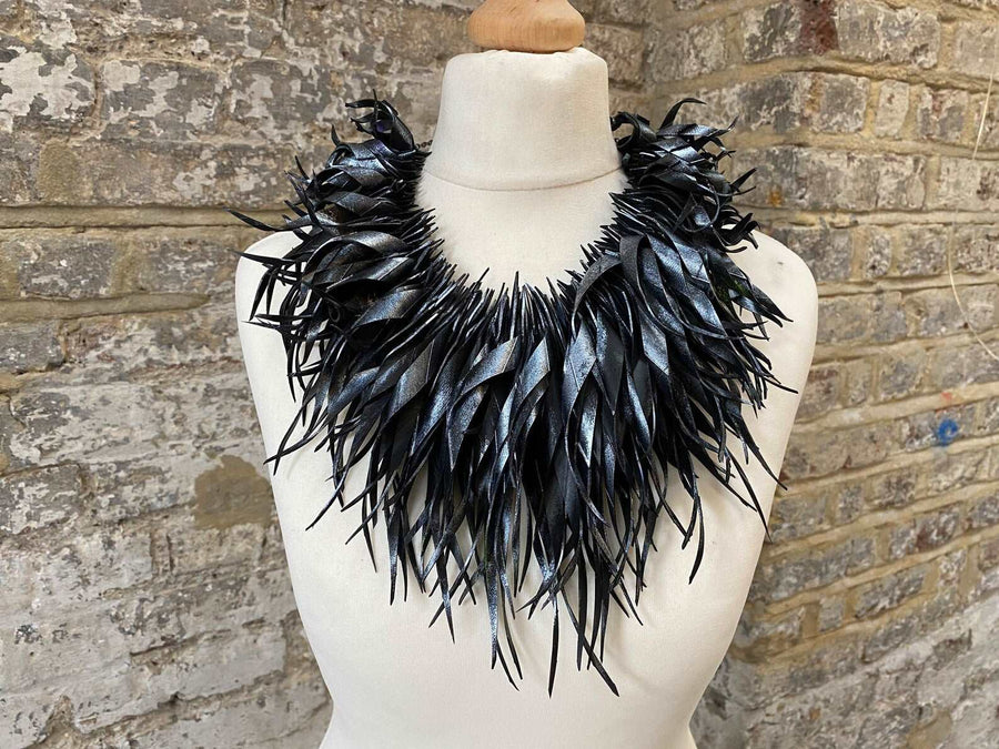 black silver statement necklace, upcycled bike bicycle inner tube jewelry by Laura zabo