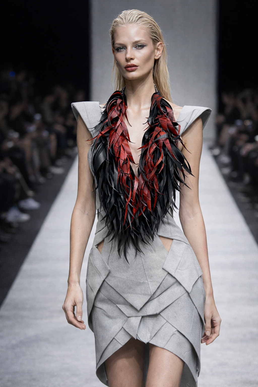 Model on a runway wearing a gray dress with red and black curly tassel necklace  made from upcycled bicycle inner tubes