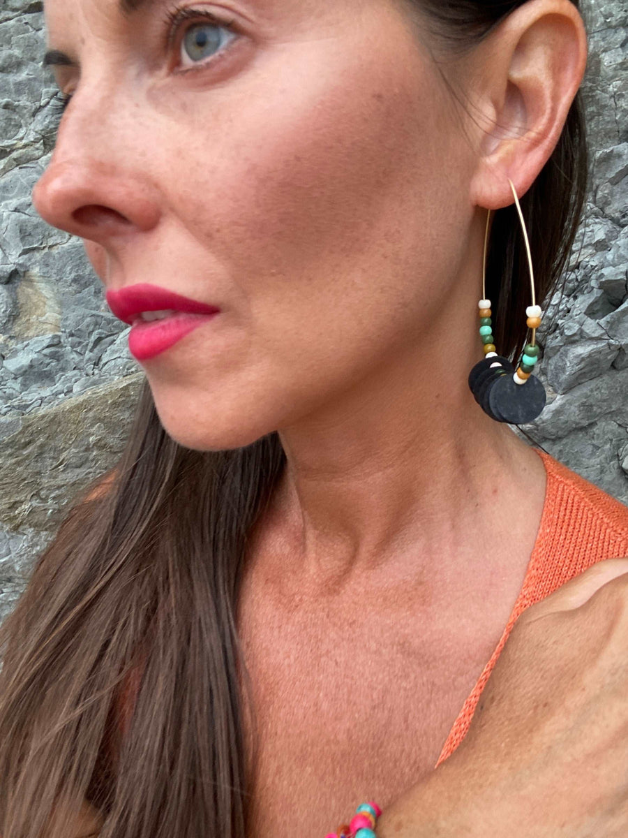 upcycled bicycle inner tube beaded earrings, jewelry by Laura zabo, sustainable fashion accessories 
