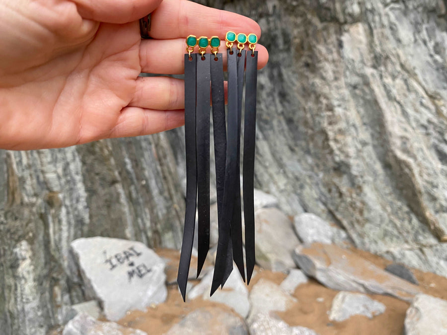 black green upcycled bicycle inner tube tassel earrings by Laura zabo, sustainable and vegan jewelry 