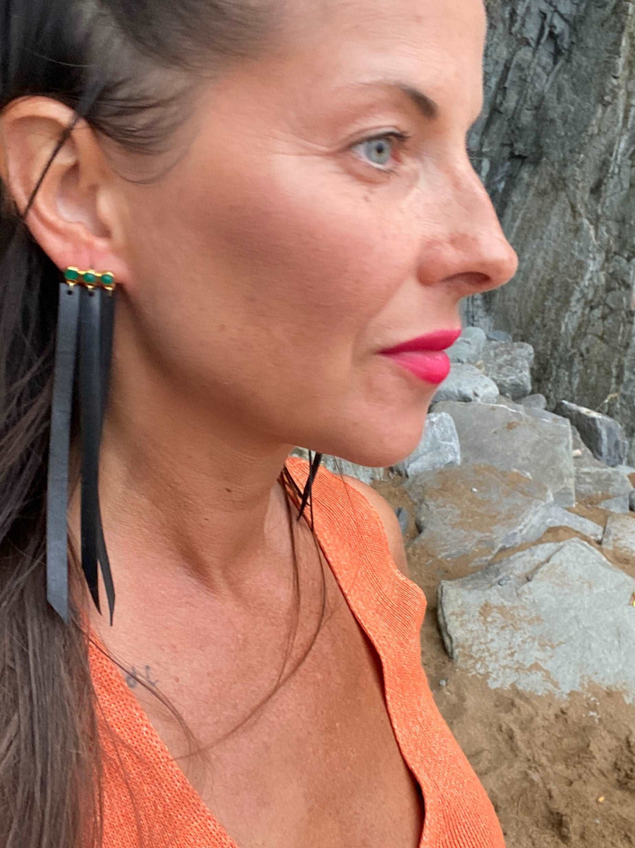 black green upcycled bicycle inner tube tassel earrings by Laura zabo, sustainable and vegan jewelry 