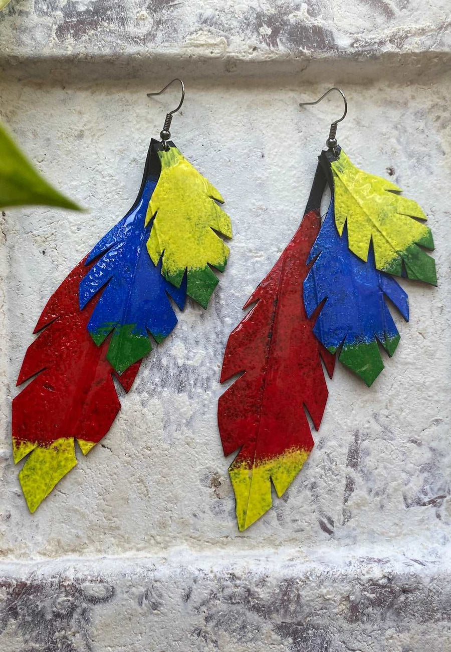guacamayo inspired blue red yellow green earrings, upcycled bike inner tube earrings, eco-friendly jewellery by Laura zabo
