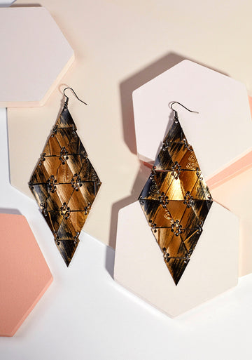 Black Gold Bold geometric upcycled statement earrings made out of a recycled bicycle inner tube , vegan and eco-friendly earrings