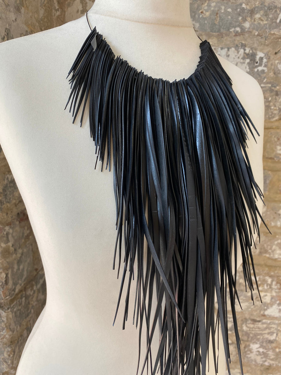 Long Black Tassel Necklace, Recycled, Vegan and Eco-Friendly Jewellery, Made out of a Bicycle Inner Tube