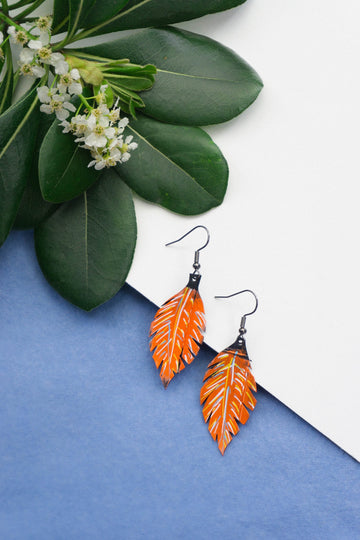 Small, delicate orange colored leaf shaped earrings, upcycled bicycle inner tube jewelry, Xmas, Birthday gift for best friend