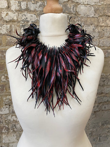 Bold Black-Metallic Red Statement necklace, made out of a scrap bicycle tyre rubber, Eco and Vegan friendly gift, Xmas Gift