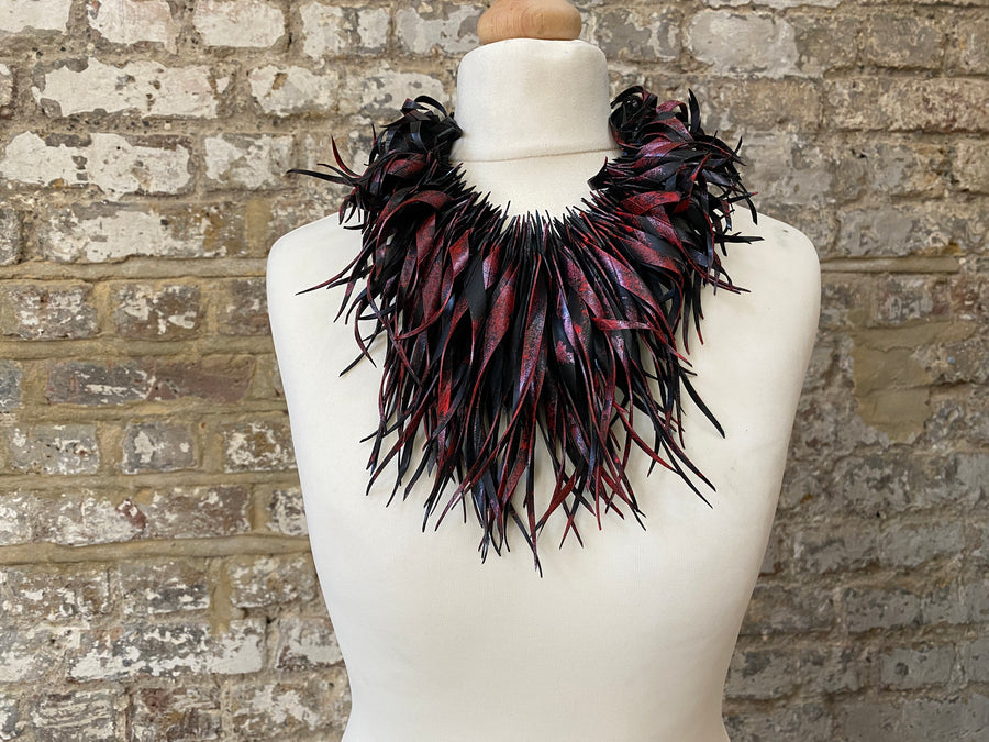 Bold Black-Metallic Red Statement necklace, made out of a scrap bicycle tyre rubber, Eco and Vegan friendly gift, Xmas Gift