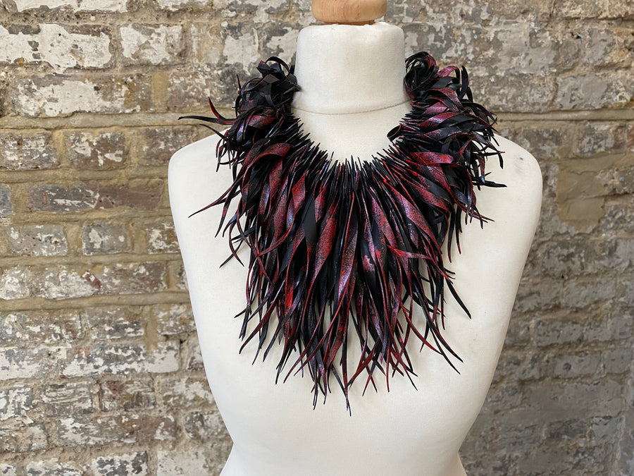 Bold Black-Metallic Red Statement necklace, made out of a scrap bicycle tyre rubber, Eco and Vegan friendly gift, Xmas Gift