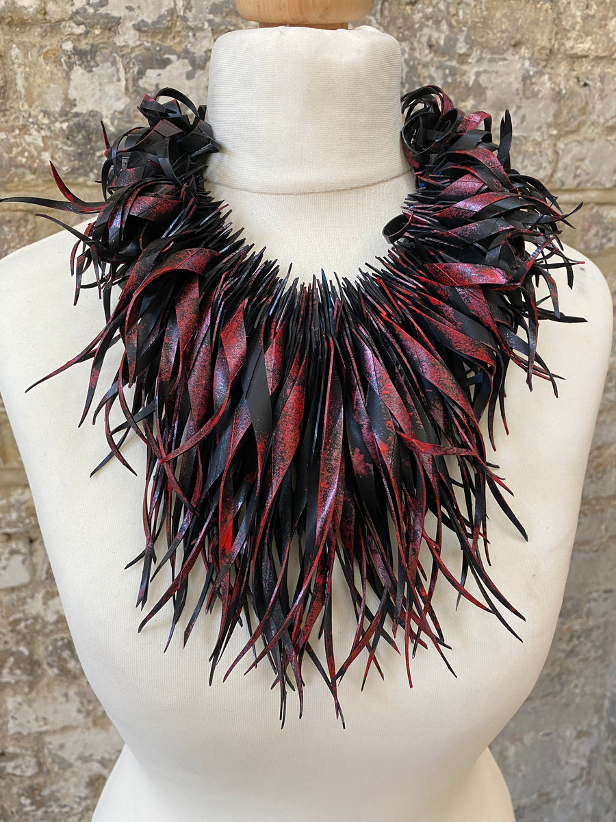 Bold Black-Metallic Red Statement necklace, made out of a scrap bicycle tyre rubber, Eco and Vegan friendly gift, Xmas Gift