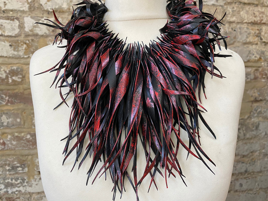 Bold Black-Metallic Red Statement necklace, made out of a scrap bicycle tyre rubber, Eco and Vegan friendly gift, Xmas Gift