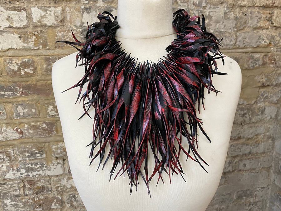 Bold Black-Metallic Red Statement necklace, made out of a scrap bicycle tyre rubber, Eco and Vegan friendly gift, Xmas Gift