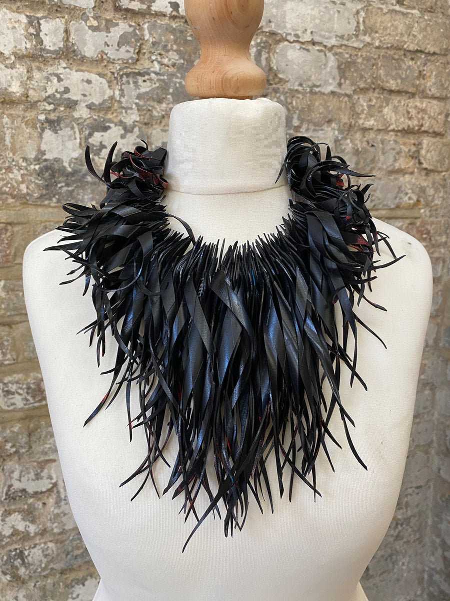 Bold Black-Metallic Red Statement necklace, made out of a scrap bicycle tyre rubber, Eco and Vegan friendly gift, Xmas Gift