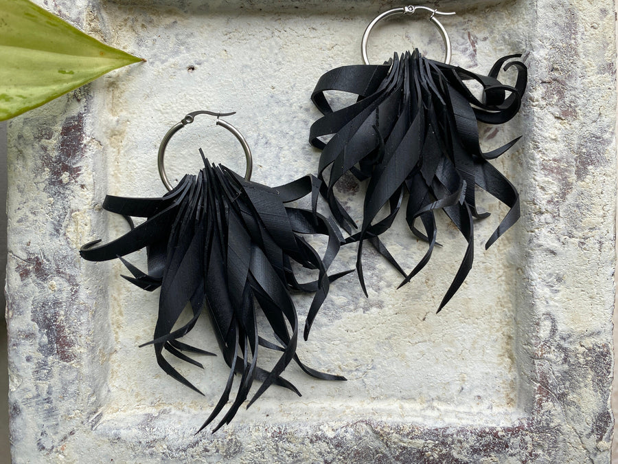 unusual quirky curly upcycled bike inner tube earrings, sustainable ethical eco-friendly jewellery by Laura Zabo