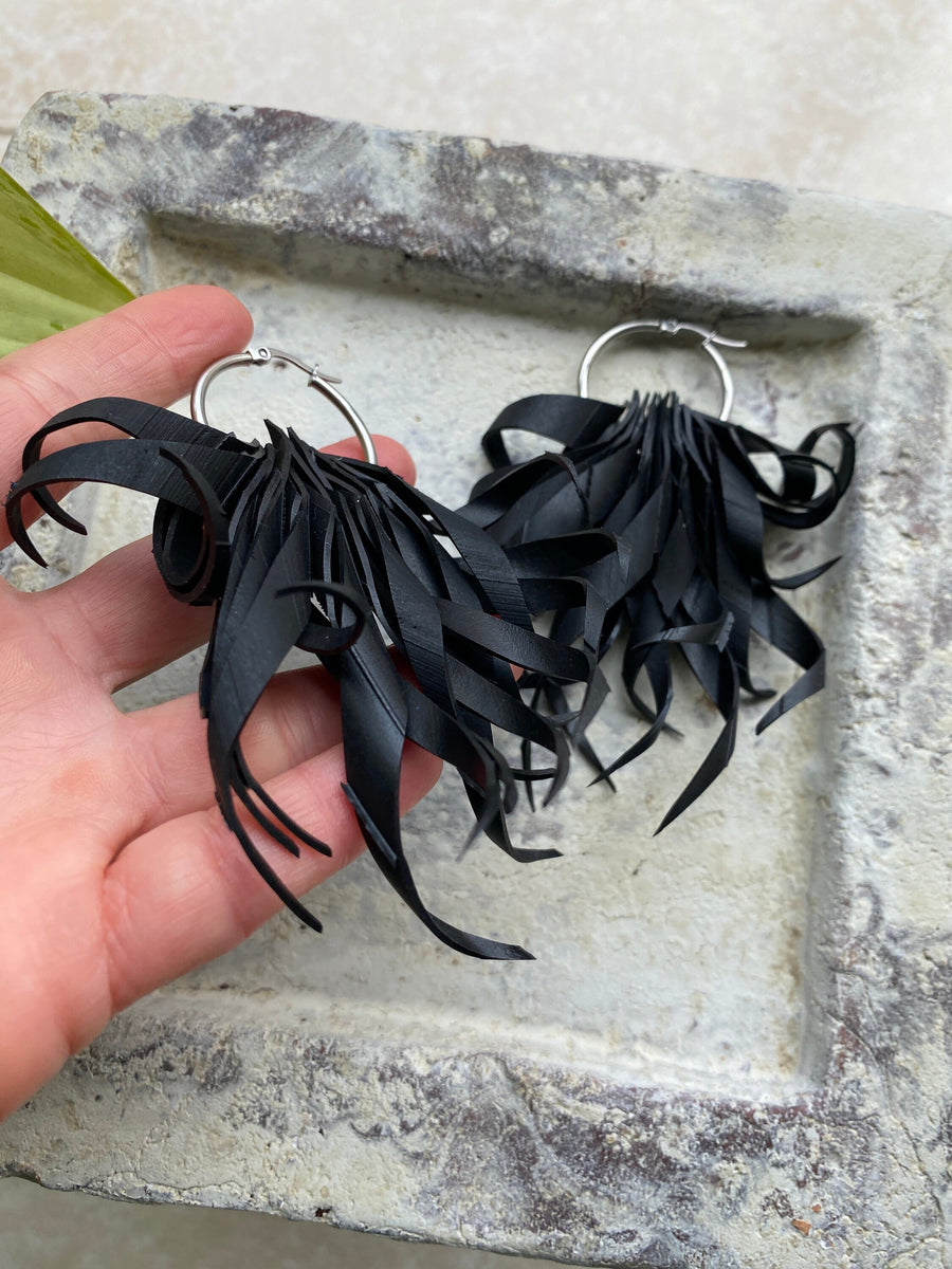 unusual quirky curly upcycled bike inner tube earrings, sustainable ethical eco-friendly jewellery by Laura Zabo