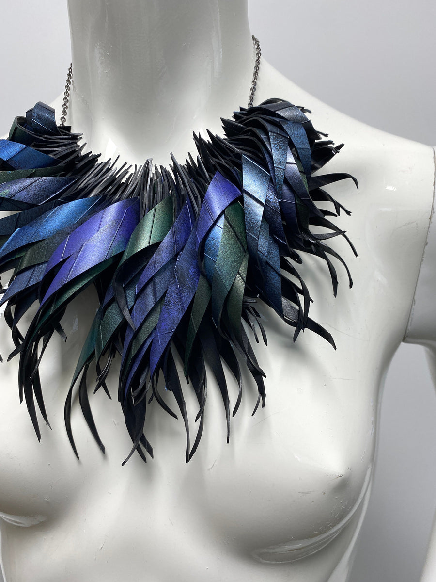 peacock purple blue statement tassel necklace, recycled bike tyre rubber eco-friendly jewellery by laura zabo