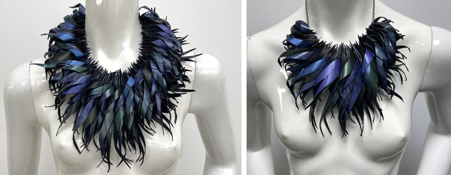 peacock purple blue statement tassel necklace, recycled bike tyre rubber eco-friendly jewellery by laura zabo