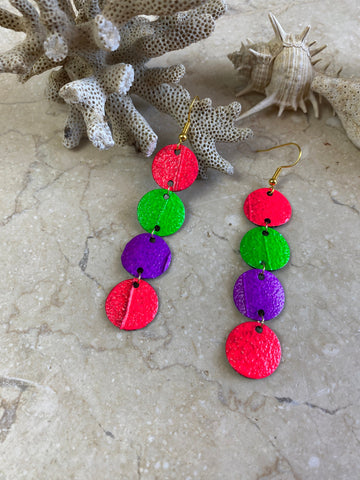 playful polka dot earrings made from upcycled tyre rubber, painted neon colours