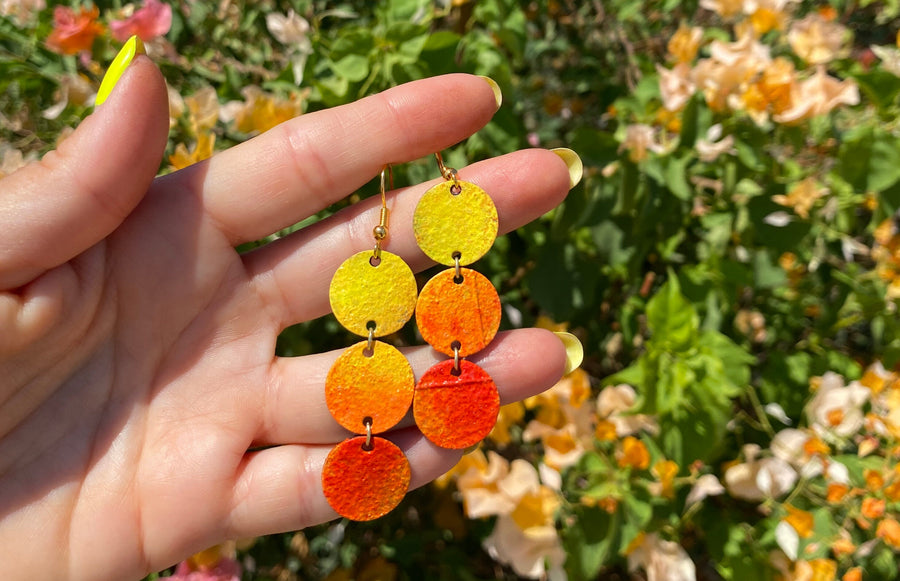 sunrise themed polka dot shaped upcycled bicycle inner tube earrings