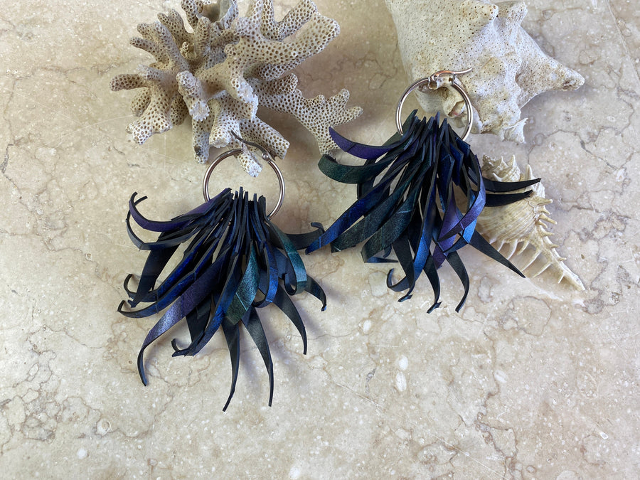 peacock purple blue statement tassel earrings, recycled bike tyre rubber eco-friendly jewellery by laura zabo