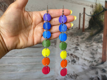 long, colourful chakra earrings, made from upcycled bicycle inner tube, statement jewelry