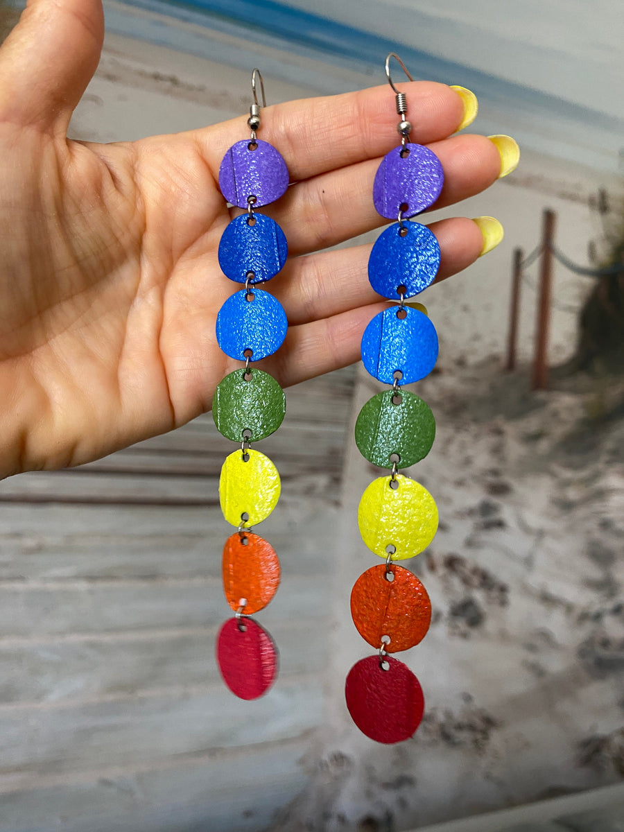 long, colourful chakra earrings, made from upcycled bicycle inner tube, statement jewelry