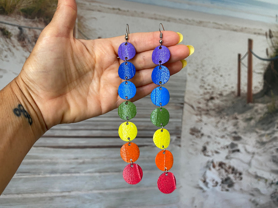 long, colourful chakra earrings, made from upcycled bicycle inner tube, statement jewelry