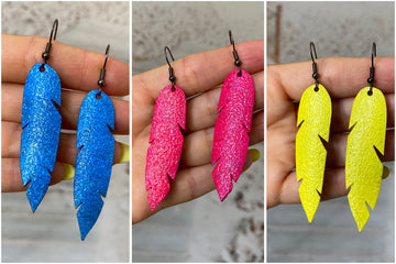 cheap earrings, blue, yellow and magenta leaf shaped recycled bicycle inner tube, tyre rubber statement earrings, sustainable jewelry