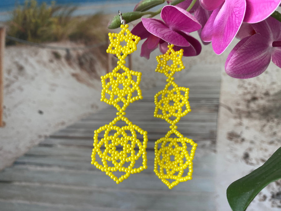 Bold Yellow Beaded Statement Earrings – Triple Flower Design