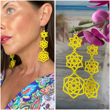 Bold Yellow Beaded Statement Earrings – Triple Flower Design