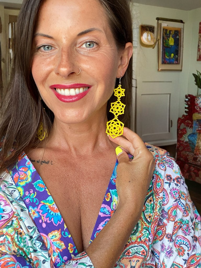 Bold Yellow Beaded Statement Earrings – Triple Flower Design