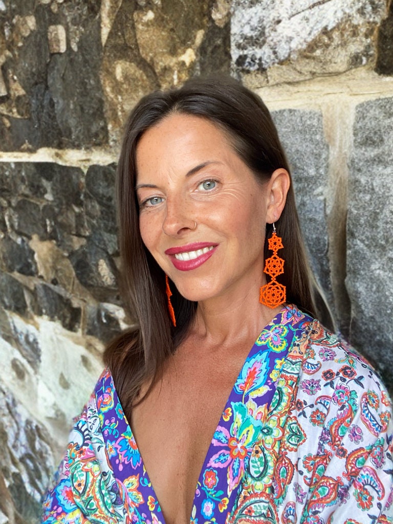 Bold Orange Beaded Statement Earrings – Triple Flower Design