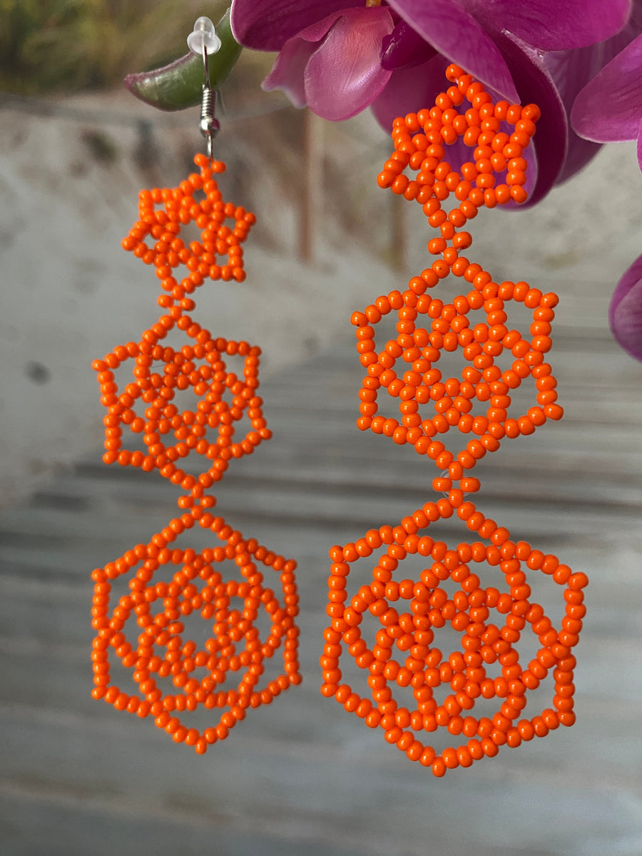 Bold Orange Beaded Statement Earrings – Triple Flower Design