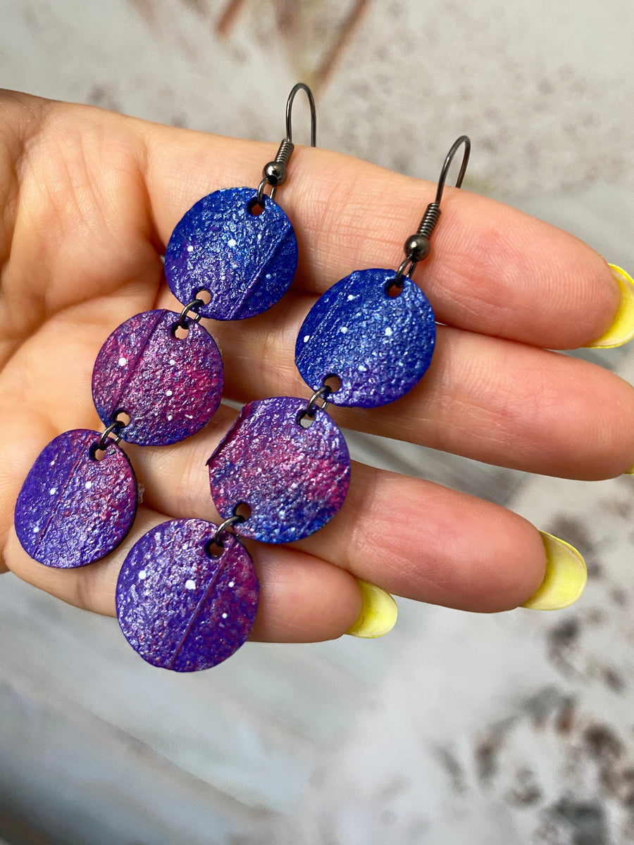 Night, Milky Way Themed Earrings – Upcycled Bicycle Inner Tubes Jewelry - Eco-Friendly and Sustainable Gift, Blue Purple Delicate Earrings