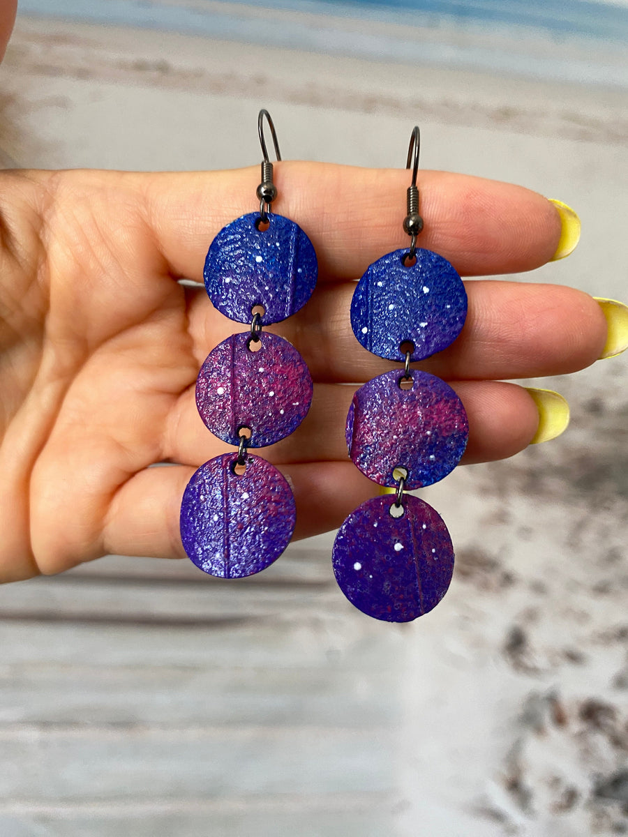 night themed earrings, blue-purple colours, made from upcycled bicycle inner tubes