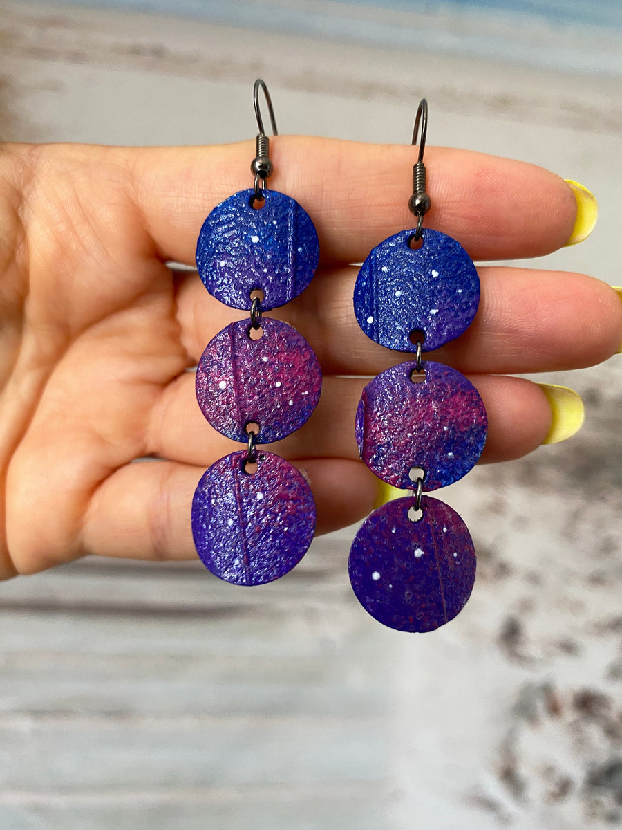 Night, Milky Way Themed Earrings – Upcycled Bicycle Inner Tubes Jewelry - Eco-Friendly and Sustainable Gift, Blue Purple Delicate Earrings