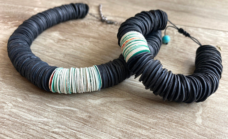 Upcycled bicycle inner tube and paper African tribal bracelet and necklace