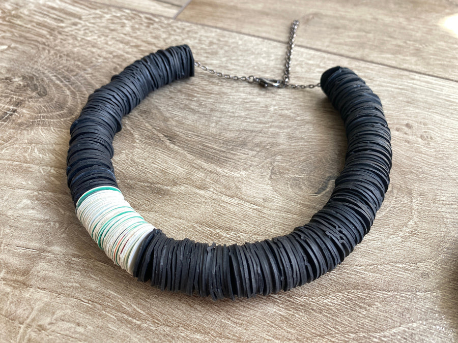 Black White Tribal Bracelet – Upcycled Bicycle Inner Tube & Paper - Sustainable and Eco-Friendly Gift