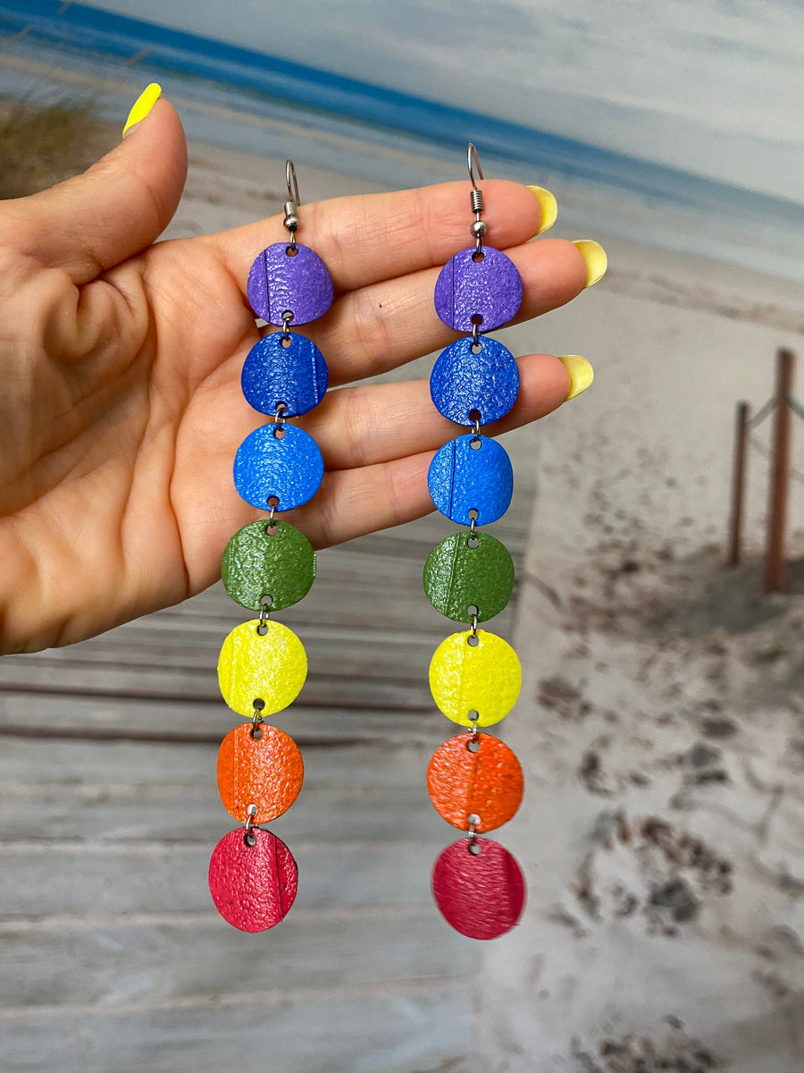 long, colourful chakra earrings, made from upcycled bicycle inner tube, statement jewelry