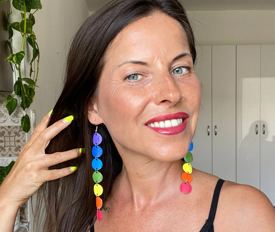 long, colourful chakra earrings, made from upcycled bicycle inner tube, statement jewelry