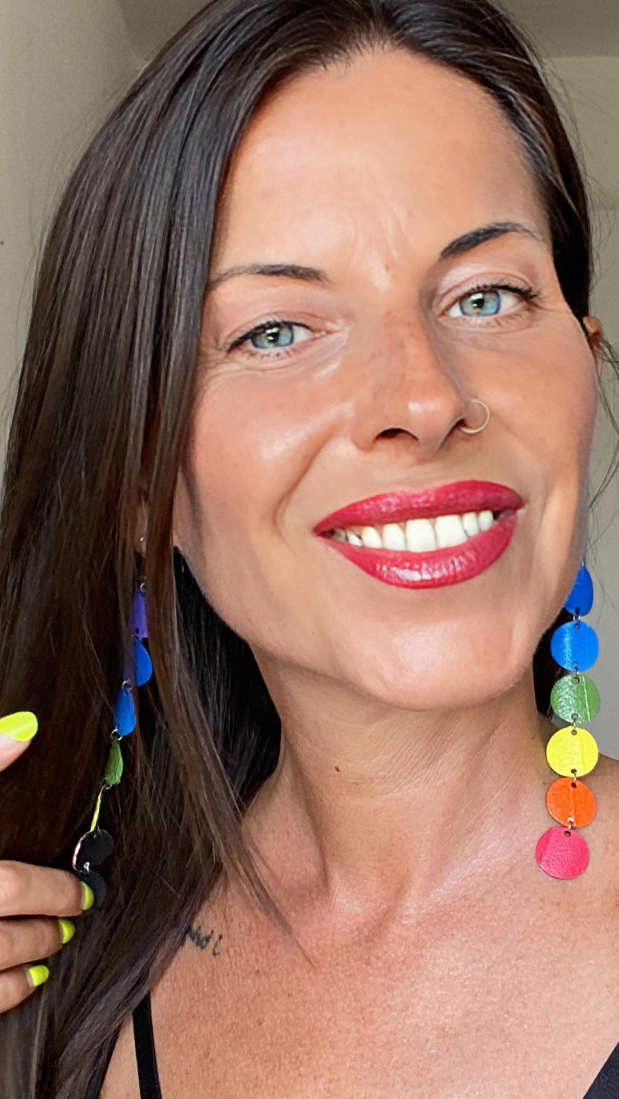 long, colourful chakra earrings, made from upcycled bicycle inner tube, statement jewelry