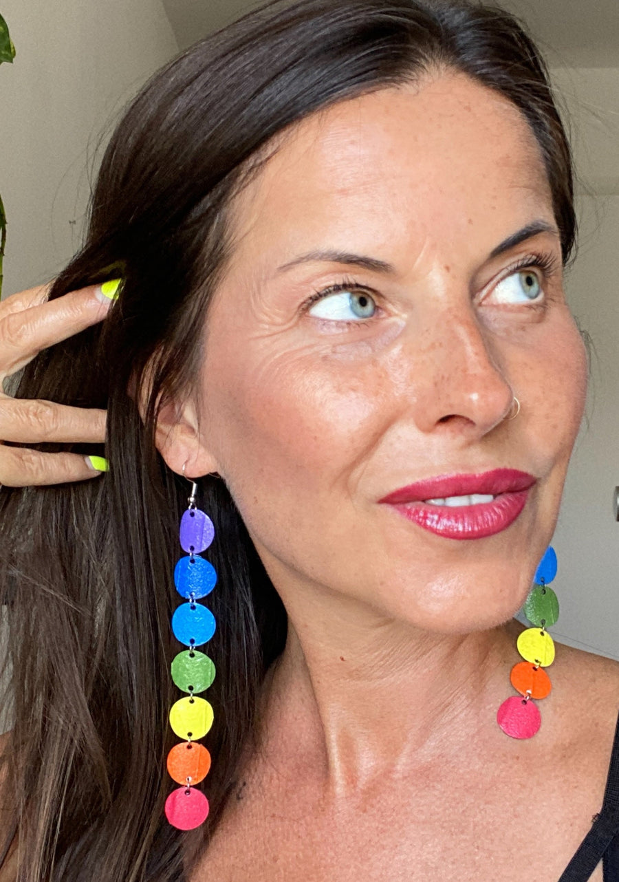 long, colourful chakra earrings, made from upcycled bicycle inner tube, statement jewelry