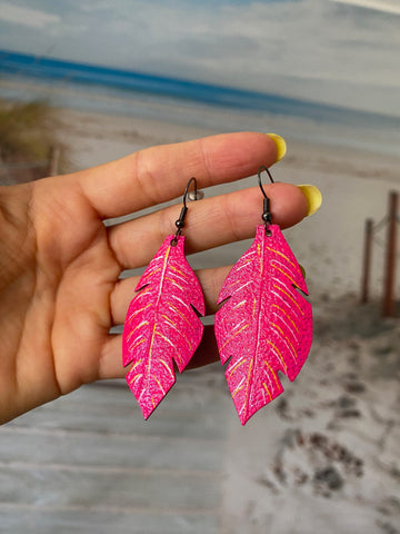 magenta, pink leaf shaped , upcycled bicycle inner tube, tyre rubber earrings, sustainable and eco friendly jewelry