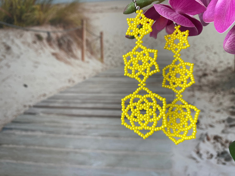 Bold Yellow Beaded Statement Earrings – Triple Flower Design